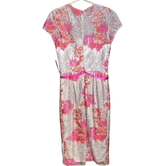 David Meister floral sheer pink Red Embroidered Midi Cocktail Sheath Dress 4 - Picture 4 of 10